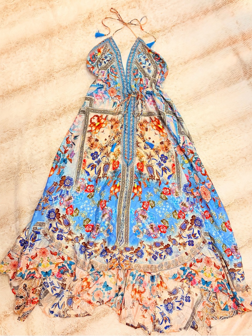 🧚🏼 Y2K Fairycore Sequin Beaded Sakkas Halter Maxi Dress Euro Summer Boho  Floral